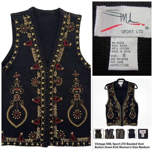 VTG Beaded Sweater Vest Christmas Holiday Teachercore Grandma Womens Black S* - Picture 12 of 15